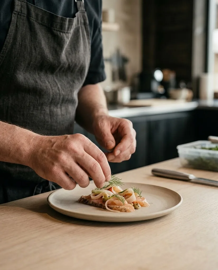 Artist's impression of a cook's hands placing a finished plate on the pass, face out of frame