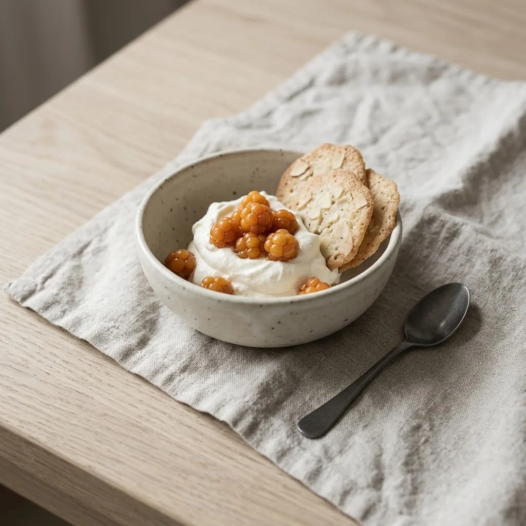 Artist's impression of a dessert of cloudberries, cream and almond biscuits