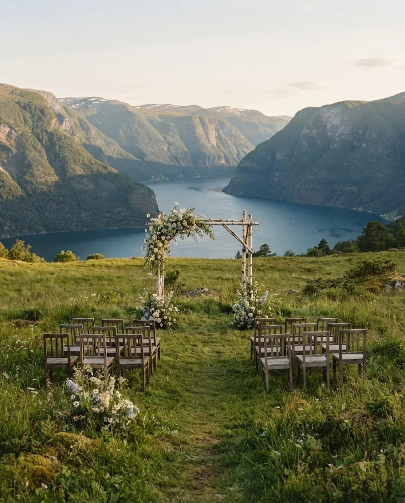 Artist's impression of a wildflower wedding arch on a meadow above the fjord, with no people