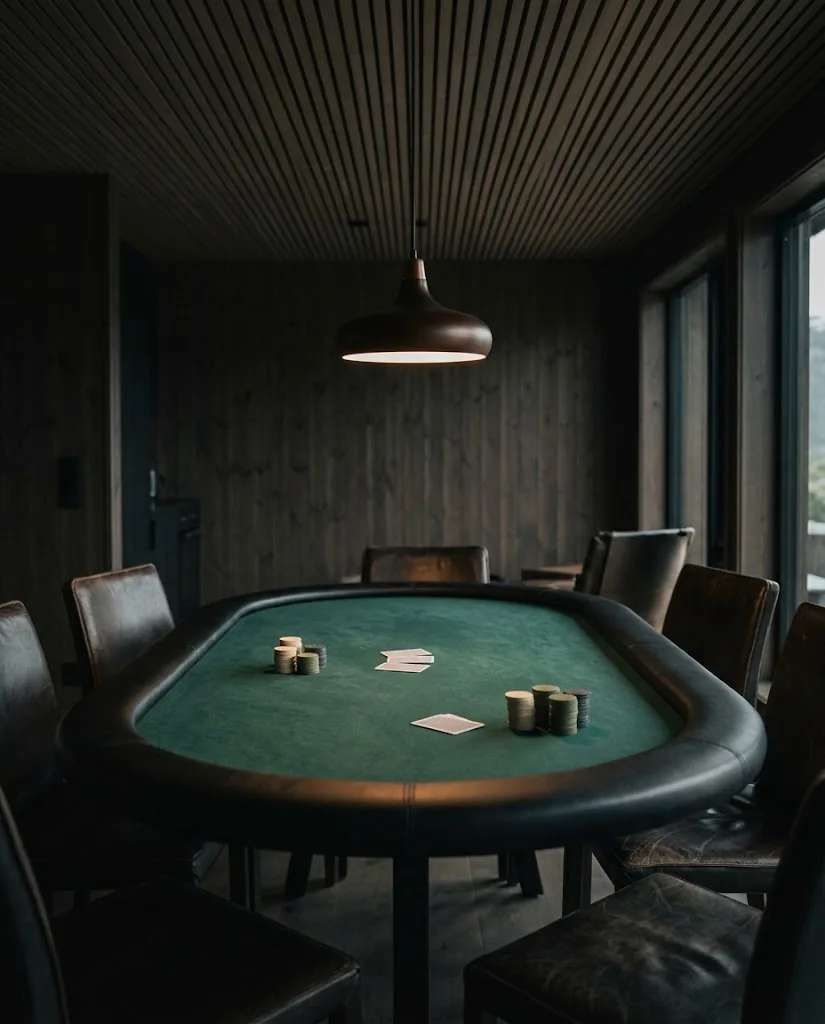 Artist's impression of a poker table with unmarked chips and cards, with no people