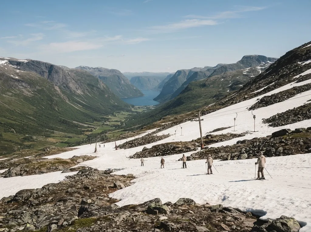 Artist's impression of a summer ski slope among snowfields and rock