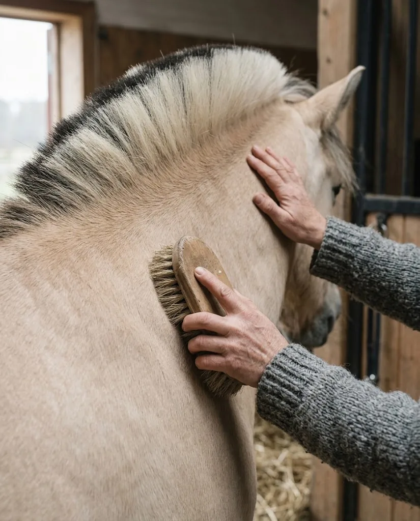 Artist's impression of a groom's hands brushing a Norwegian Fjord horse, the person's face out of frame