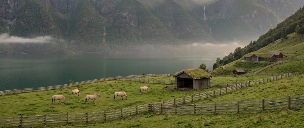 Artist's impression of Norwegian Fjord horses far off on wide paddocks sloping down to the fjord, with timber fencing in the foreground
