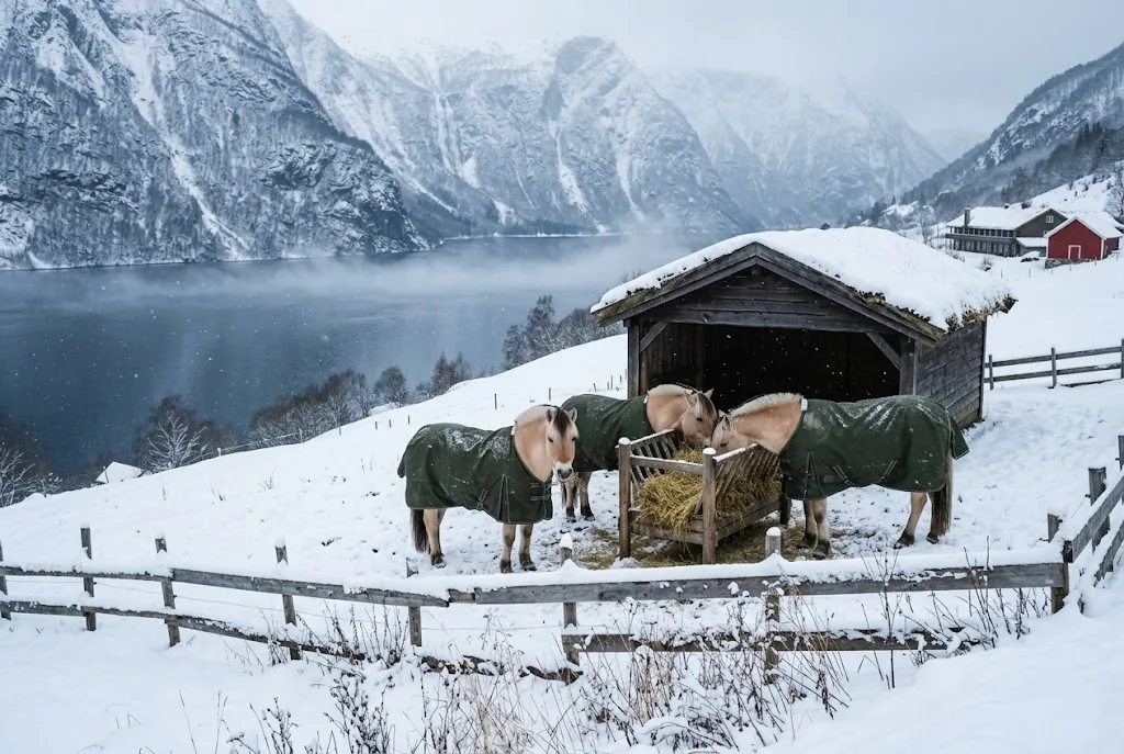 Artist's impression of Norwegian Fjord horses in winter rugs on a snowy paddock beside an open field shelter