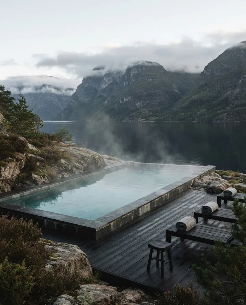 Artist's impression of an outdoor pool whose edge faces the fjord, with steam rising from the water